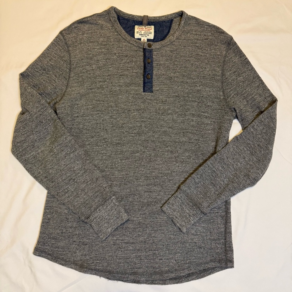 Lucky Brand Men Henley Waffle-Knit layering Gray Blue M Cotton Blend Long Gorp